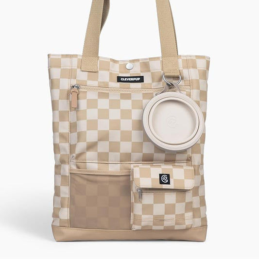 Park Pack 2-Piece Set Dog Gear Tote – Dog Travel Bag with 8 Pockets, Treat Pouch, Poop Bag Dispenser, Quick-Dry Ball Pocket, Collapsible Bowl, Perfect for Walks & Park Trips, Checkerboard