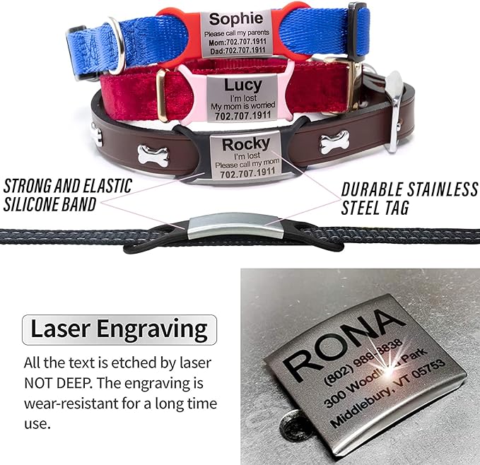 Personalized Dog & Cat ID Tags - No Noise, Engraved, Slide On - Custom Collar Tags for Small, Medium, Large Pets - Silent Puppy Identification Tags
