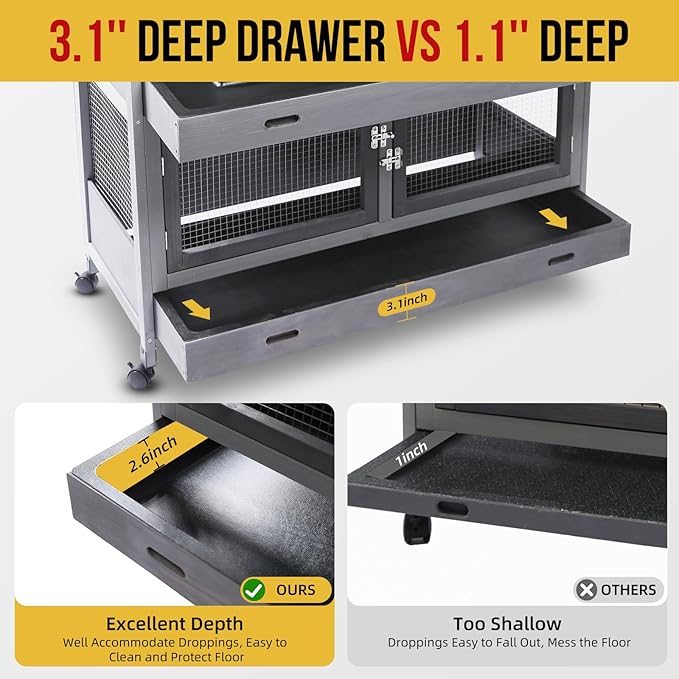 Rabbit Hutch Bunny Cage Indoor Outdoor with Wheel Deeper Tray Chew Proof Guinea Pig Cages 2 Decks Large Rabbit House with 4 Wooden Doors Weatherproof 41.3" L*17.3" W*41.3" H