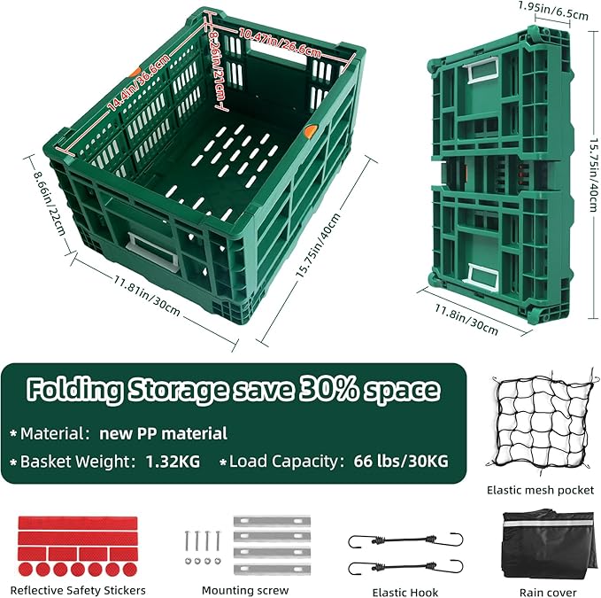 Foldable Large Green Plastic Bicycle Rear Basket with Cargo Net and Waterproof Cover Net for Shopping Outings, Pets, School, Picnics or Outdoor Activities, Easy to Install on Rack Mount