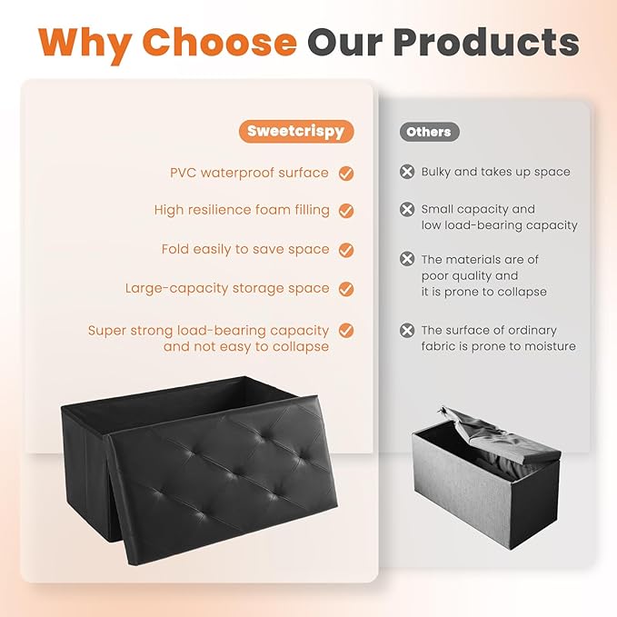 Sweetcrispy 30 Inches Folding Ottoman with Storage Bench, Foot Rest Stool, End of Bed Storage Bench Upholstered, Load 660 lbs, for Living Room, Lychee Grain Leather, Black