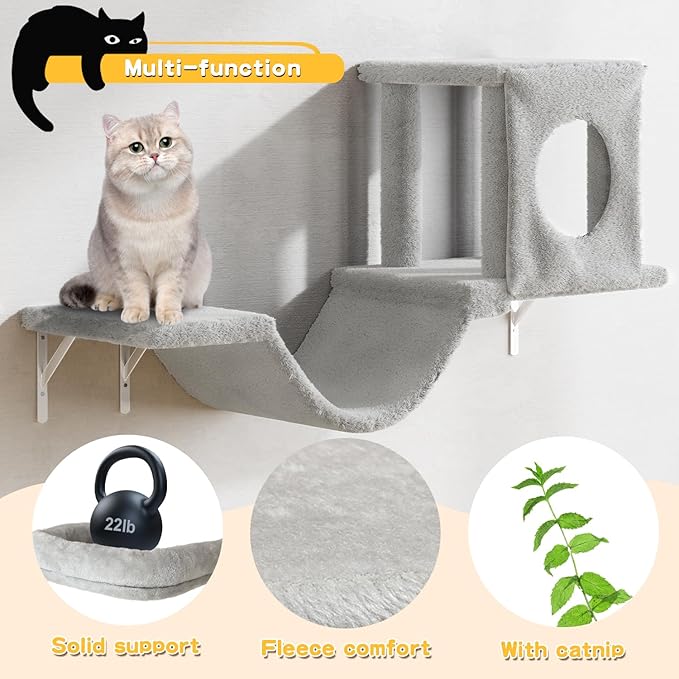 NUNU LAB Cat Wall Shelves, 6 Pcs Luxury Wall-Mounted Cat Climber Set, Indoor Cat Furniture with 1 Condos House, 2 Cat Wall Shelves, 1 Scratching, 1 Bridge Ladder, 1 Scratching Pad, Gray
