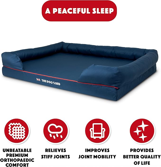 The Dog’s Bed Orthopedic Dog Bed XXL Blue Oxford with Red Trim UK Flag Dog Bed 51.5x39, Memory Foam, Pain Relief: Arthritis, Post Surgery, Lameness, Veterinary Approved, Waterproof Washable Cover