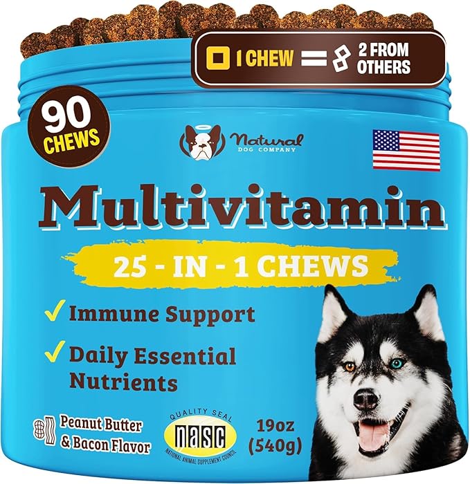 Natural Dog Company 25 in 1 Multivitamin for Dogs – Daily Soft Chews with Vitamins, Minerals & Antioxidants, Immune & Joint Support, for All Ages, Sizes & Breeds, Bacon & Peanut Butter – 90 Count