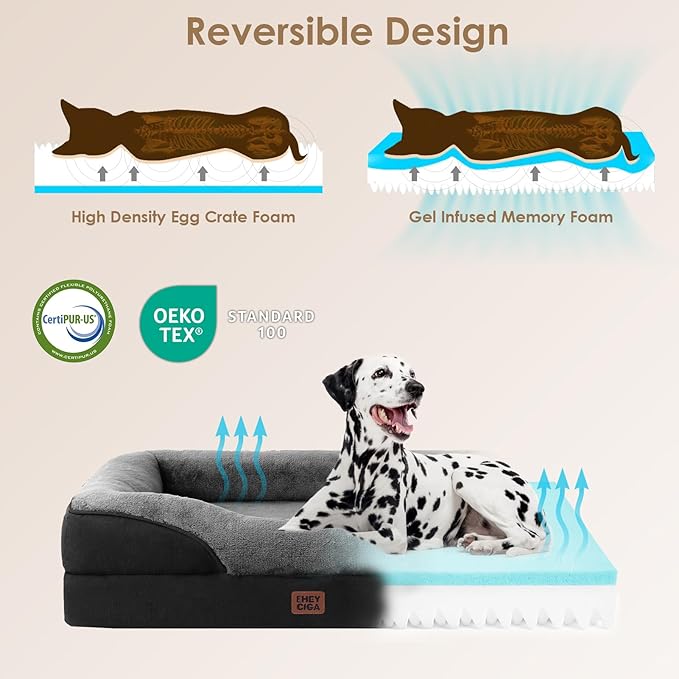 EHEYCIGA Memory Foam Dog Bed for Large Sized, Orthopedic Dog Sofa with Sides and Waterproof Liner, Washable Bolster Pet Couch with Removable Cover, 41x27x7.5 Inch, Grey/Black