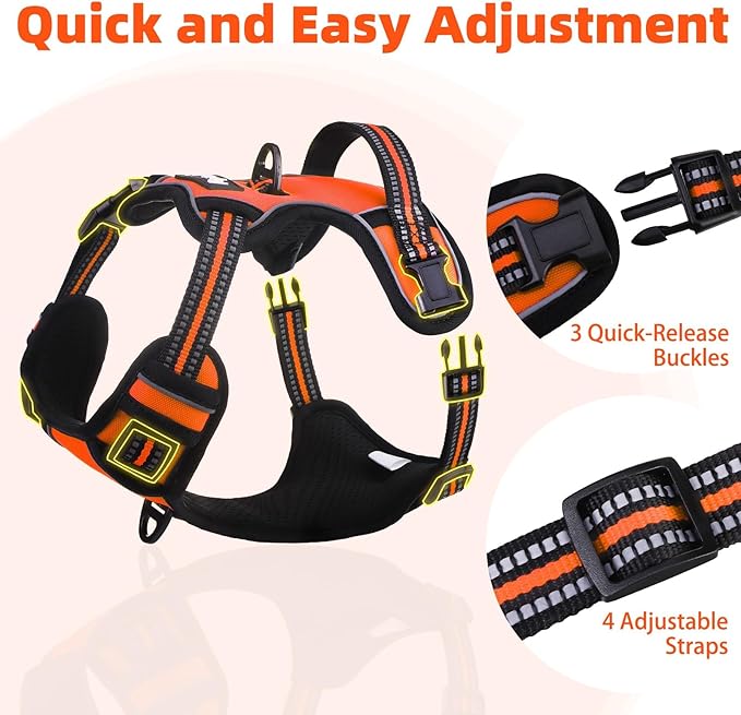 PUPTECK No Pull Dog Harness for Large, Adjustable Reflective Dog Harness with Handle Easy Control, Comfortable Soft Padded Pet Vest Harness for Large Dogs, Orange L