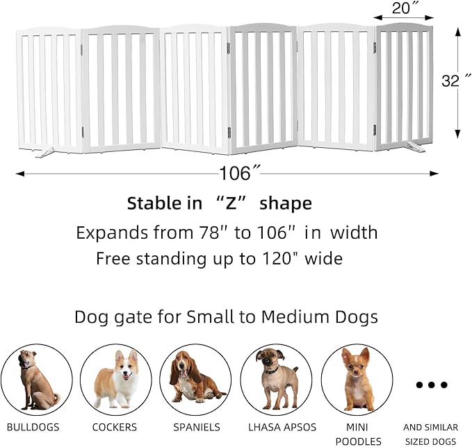 ZJSF Foldable Freestanding Indoor Dog Gate for House Wood White Long Pet Gates Dog Fence for Stairs Puppy Gates for Hallways,Pet Fence, Puppy Gate,Support Feet Included 32 "Height-6 Panels