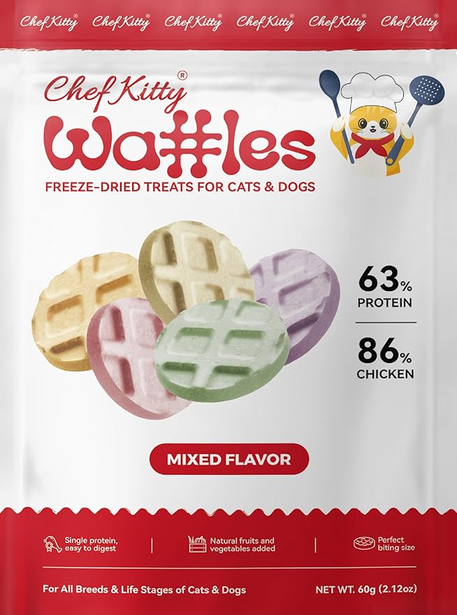 Freeze Dried Chicken Cat & Dog Waffle Treats - Made with Human Grade Chicken Breast & Liver - 5 Natural Flavors - Healthy, Tasty, Dry Food for Indoor Cats, Dogs - Inspected & Tested in USA