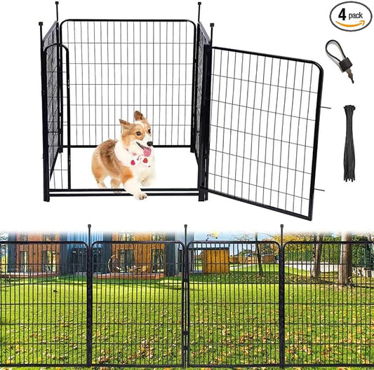 Tall Garden Fence Animal Barrier,Wide Gate Low Threshold Fence Panels, 48in(H) 4 Panels Total 8.9 Ft(L) Flower Bed Fencing, Heavy Metal Dog Fence Outdoor for Yard