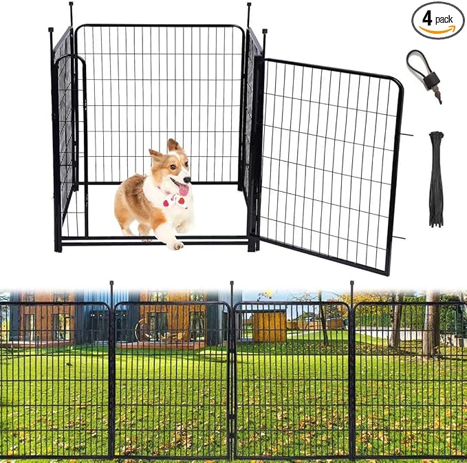 Tall Garden Fence and Borders,Wide Gate Low Threshold Fence Panels, 40in(H) 4 Panels Total 8.9 Ft(L) Animal Barrier Fence, Heavy Metal Dog Fence Outdoor for Yard