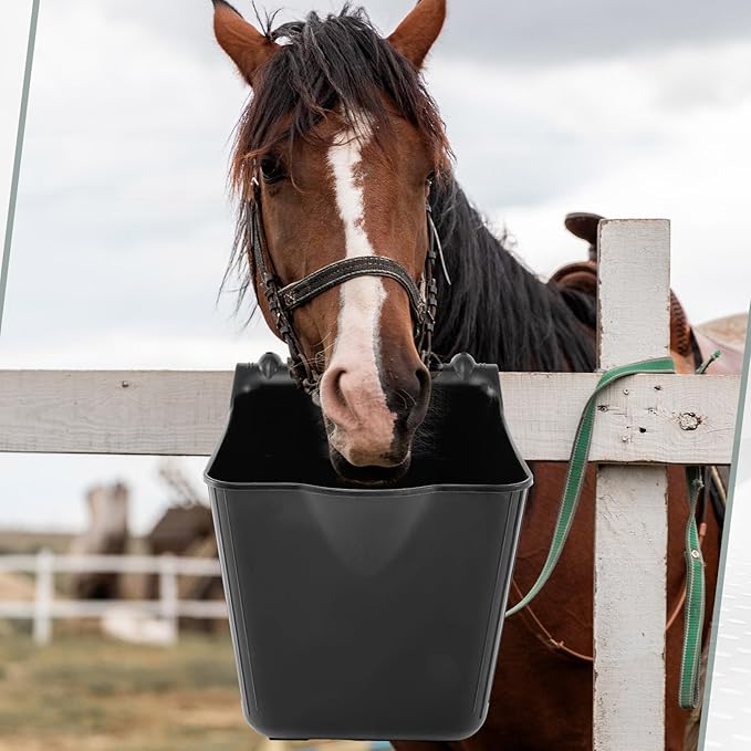 4 Pack 15 Quart Horse Feeders for Stall Hook Over Hanging Fence Hay Feeder Mountable Livestock Plastic Feed Bucket for Farm Stalls Pasture, Stable to Feed Horses Sheep Cattle Cows Etc(Black)