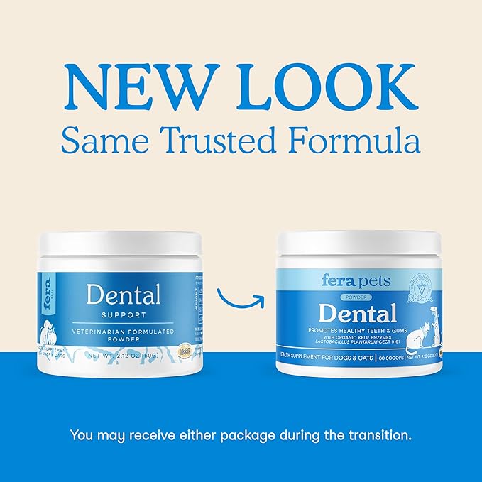 Fera Pets Cat & Dog Dental Support Powder - Supports Fresh Breath - Promotes Healthy Teeth and Gums - Targets Tartar Build-Up - Includes Kelp, Enzymes & Postbiotics - 60 Scoops