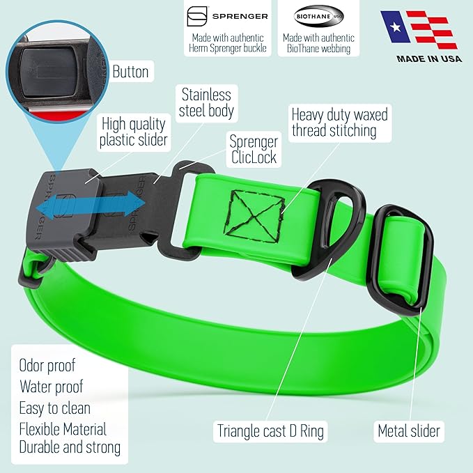 Dogline Biothane Waterproof Dog Collar with Herm Sprenger Black Stainless Steel Quick Release Buckle – Heavy Duty Tactical Durable Collar for Dogs – Comfortable and Safe Pet Collar W3/4" L12-19 Green