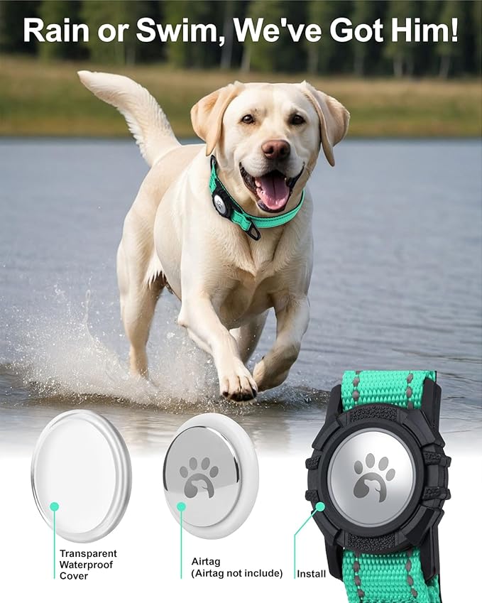 TagME Airtag Dog Collar,Waterproof Reflective Pet Collar with Airtag Holder,Soft Padded and Double D-Rings for Extra Large Dogs,Turquoise