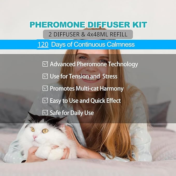 Cat Calming Diffuser, Cat Pheromones Calming Diffuser with 2 Diffuser + 4 Refill 48ml, 6-in-1 Cat Anxiety Relief Cat Pheromone Diffuser Kit 120 Days, Pheromone Diffuser to Calm Cats