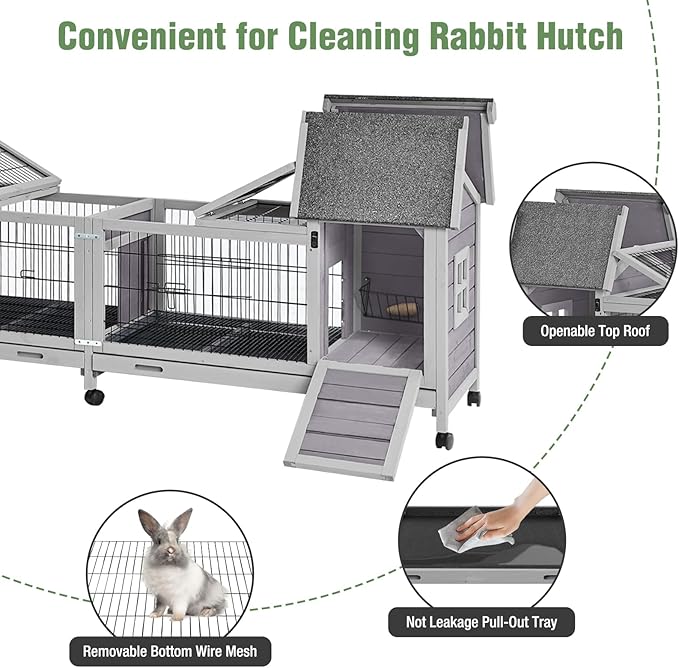 Wooden Rabbit Hutch with Wheels, Indoor Outdoor Bunny Cage with Removable Netting, Guinea Pig House with Leak-Proof Trays