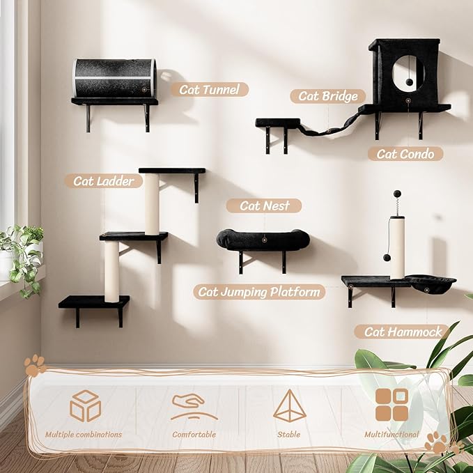 NUNU LAB Wall Mounted Cat Furniture, 7 Pcs Cat Wall Shelves with House, Tunnel, Bridge, Steps, Scratcher, Hammock, Bed, Indoor Safe & Stable Furniture for Kittens Play, Black