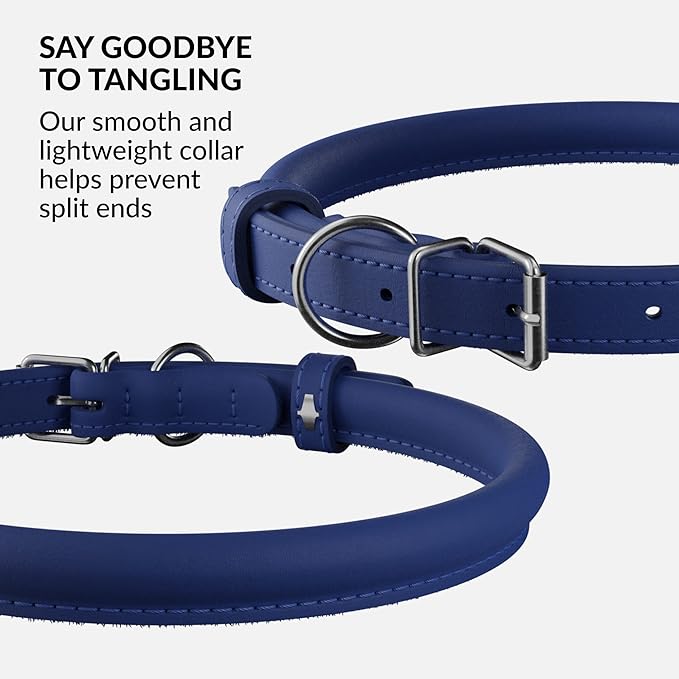 CollarDirect Rolled Leather Dog Collar, Soft Padded Round Puppy Collar, Handmade Genuine Leather Collar Dog Small Large Cat Collars 13 Colors (11-14 Inch, Deep Blue Smooth)