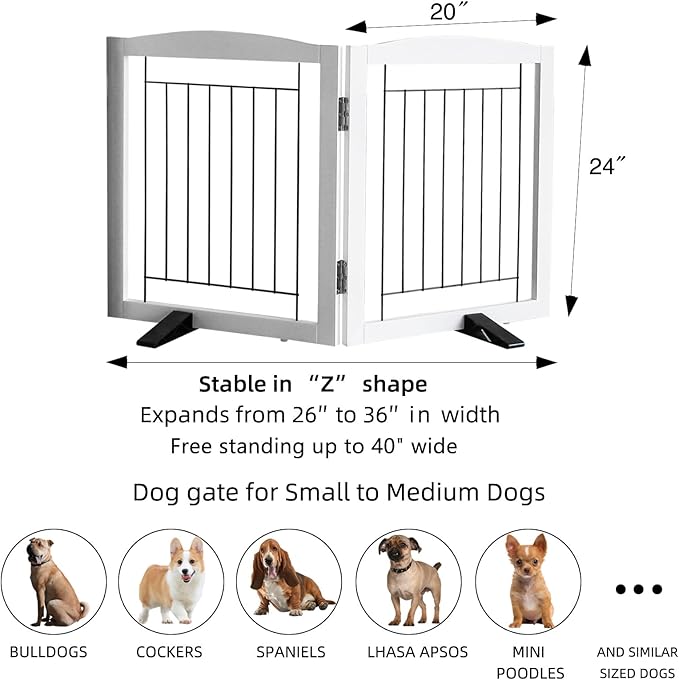 ZJSF Freestanding Dog Fence Indoor, Foldable Dog Gate for Doorways, Stairs or Hallways, Sturdy Wood Extra Wide Pet Gate with Support Feet for The House, White, 24 "Height-2 Panels