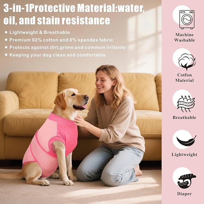 Idepet Dog Recovery Suit Female,Dogs Onesie Suit Surgery Male Breathable Pet Bodysuit for Spay Neuter E-Collar & Cone Alternative Surgical Suit Puppy Abdominal Anti Licking Wounds Shirt (Pink, S)