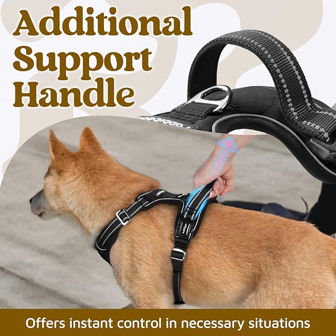 rabbitgoo Dog Harness Medium Sized, No Pull Dog Vest with 3 Buckles, Adjustable Soft Padded Pet Harness with Easy Control Handle and Reflective Strips, Black, M