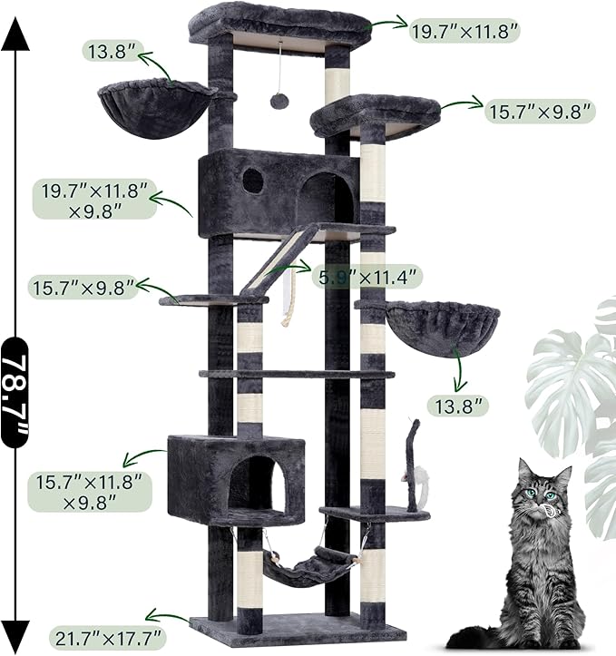 Cat Tree for Large Cats, 78.7"(200cm) Tall Cat Tower for Indoor Cats Multiple Cats with Large Top Perch, Cat Condo, Cat Hammcok, Cat Scratching Post, Dark Gray GCT031G