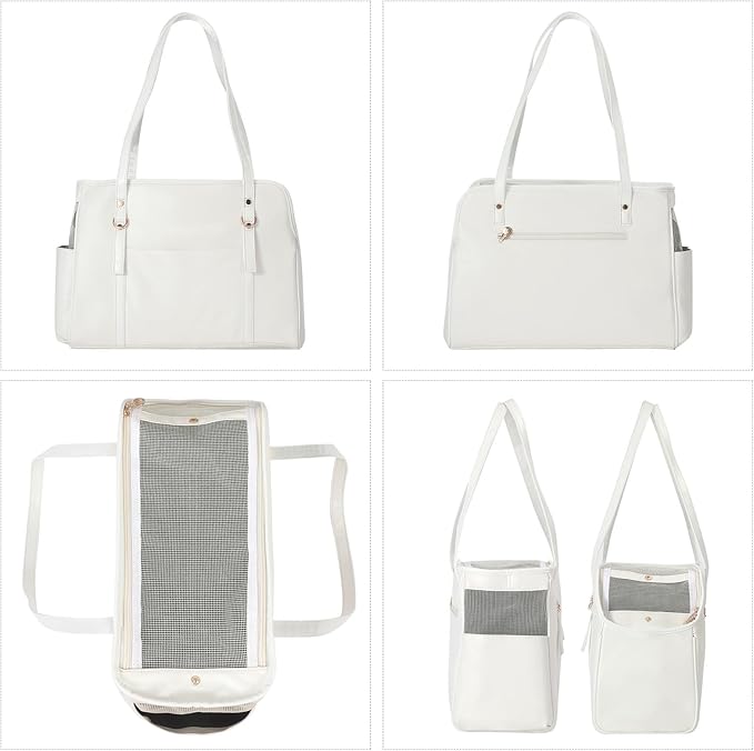 Dog Carrier Purse, Fashion Leather Pet Carrier with Pockets, Airline Approved Soft Sided Dog Carrying Bag for Puppy Cat Dog White