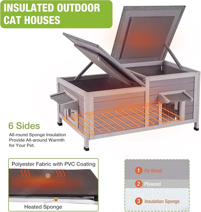 GUTINNEEN Outdoor Cat House Weatherproof Feral Kitty Shelter for Winter Cat Condo with Large Opening Roof (1-Story(AIR93-Heated))