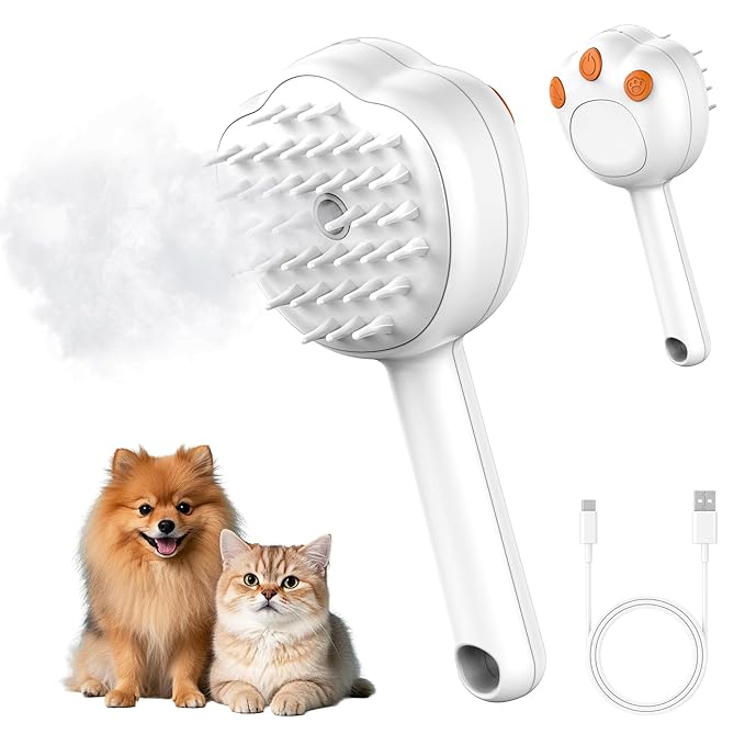 Steam Cat Brush, 6-in-1 Dog Brush Spritz Defur Comb, Steamy Skin Friendly Deshedding Grooming Tool, Suitable for Shedding & Haired Pets, Pet Supplies Accessories,White