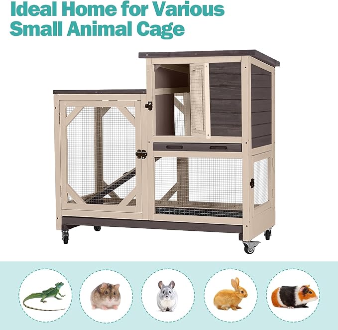 Rabbit Hutch Indoor for 2-4 Rabbits & Guinea Pigs，Bunny Cage with Slide-Out Plastic Trays，Wooden Small Animal Cage for Rabbits, Bunnies, and Guinea Pigs (Dark Brown)
