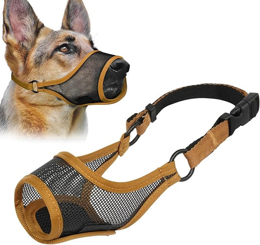 LUCKYPAW Dog Muzzle, Mesh Muzzle for Large Medium Small Dogs, Soft Mouth Guard for Biting Chewing, Breathable Mouth Guard with Adjustable Strap for Training(Brown, XL(Snout:11"-12.25"))