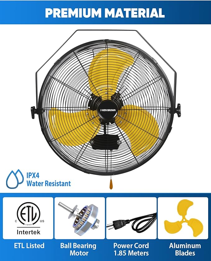 KEN BROWN 20 Inch Outdoor Wall Mount Fan, 3-speed IPX4 Waterproof, Max. 4,650 CFM Wall Mounted Fan for Outdoor, Commercial, Residential, Greenhouse, Workshop, Patio, Black, ETL Listed