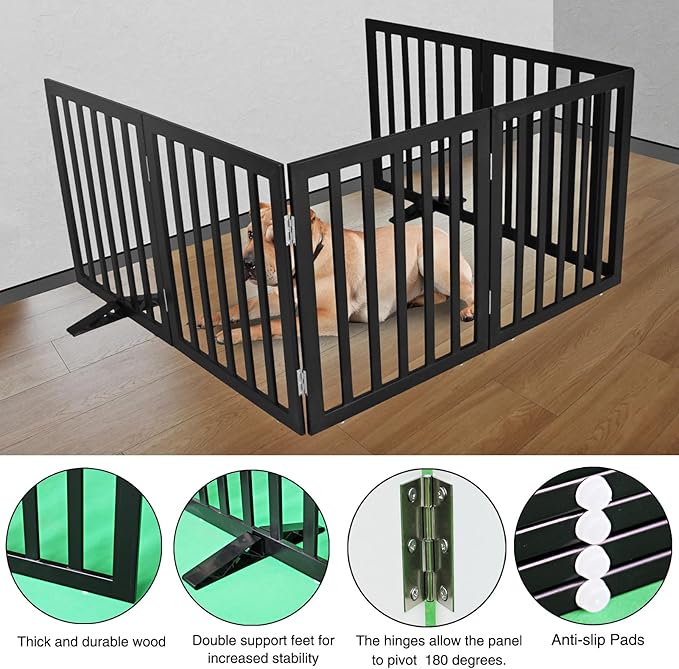 ZJSF Freestanding Indoor Dog Gate for House Foldable Wood Puppy Gate for Doorways Pet Gate for Stairs Extra Wide Pet Fence, Black, 32" Height 6 Panels