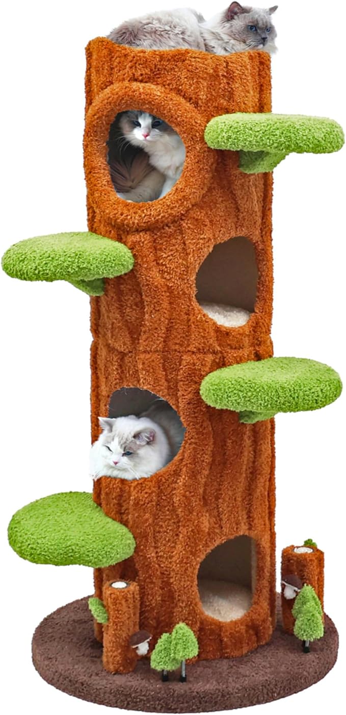 Magic Forest Cat Tree Tower, 62 inches Tall, Real Solid Wood Cat Tree for Multi-Cat Household