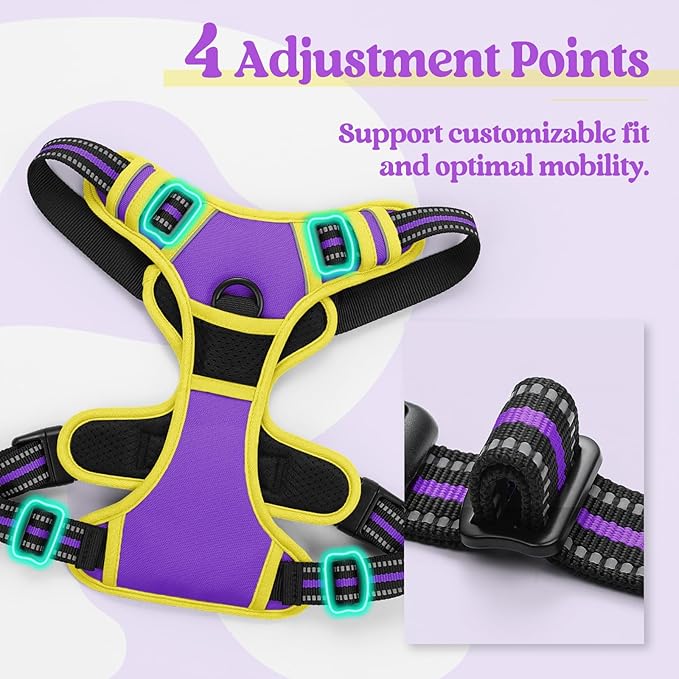 rabbitgoo Dog Harness No Pull with 2 Leash Clips, Adjustable Soft Padded, Reflective Oxford No Choke Pet Vest with Easy Control Handle for Large Dogs, Purple & Yellow, XL
