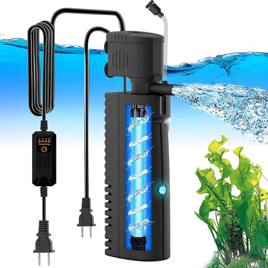 AquaMiracle Aquarium Filter with U - V Light & Pre-Filter Sponge, Fish Tank Filter with Timer for Green Water, Green Clean Machine Turtle Filter with Aeration for Aquarium and Pond 40-70 Gallon