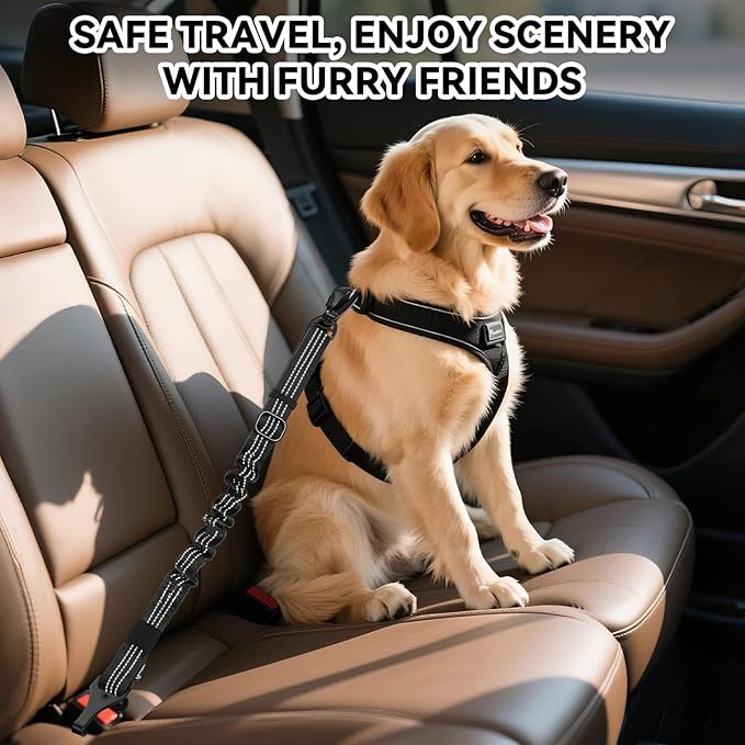 Pawaboo Dog Seatbelt for Car, 3-in-1 Dog Seat Belt Bungee, Shockproof Dogs Tether for Car with Buckle & Hook Latch, Adjustable Reflective Dogs Cars Harness Leash with 360° Lockable Buckle, Black