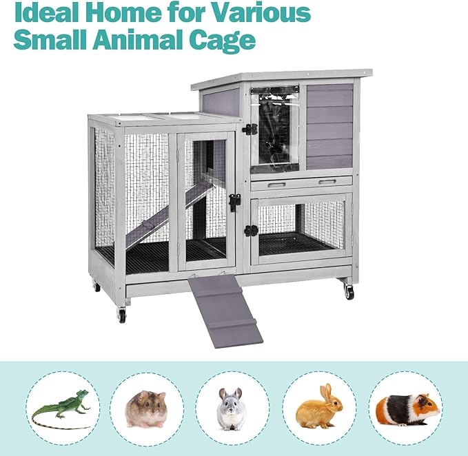 Rabbit Hutch Indoor for 2-4 Rabbits & Guinea Pigs，Bunny Cage with Slide-Out Plastic Trays，Wooden Small Animal Cage for Rabbits, Bunnies, and Guinea Pigs (Light Grey)