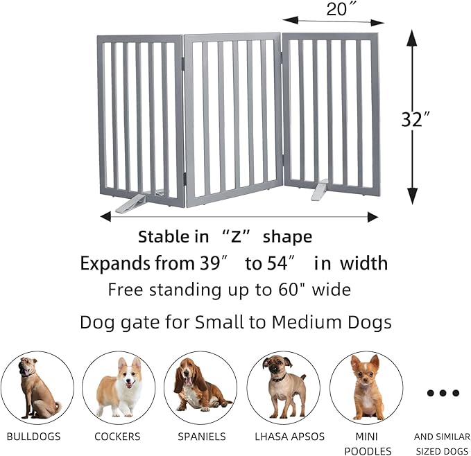 ZJSF Freestanding Indoor Dog Gate for House Foldable Wood Puppy Gate for Doorways Pet Gate for Stairs Extra Wide Pet Fence, Grey, 32" Height 3 Panels