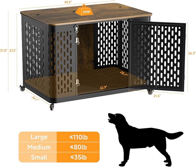 Heavy Duty Dog Crate Furniture for Large and Medium Dogs, 43.7 Inch Large Dog Crate Kennel with Flip Top & Cushion & Wheels, Escape Proof Pet Cage for High Anxiety Dogs