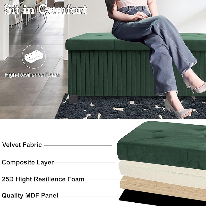 Storage Ottoman Bench, 43 Inch Foldable Ottoman with Legs, Velvet Foot Rest Stool, End of Bed Bench, Storage Chest for Living Room, Bedroom (Green)