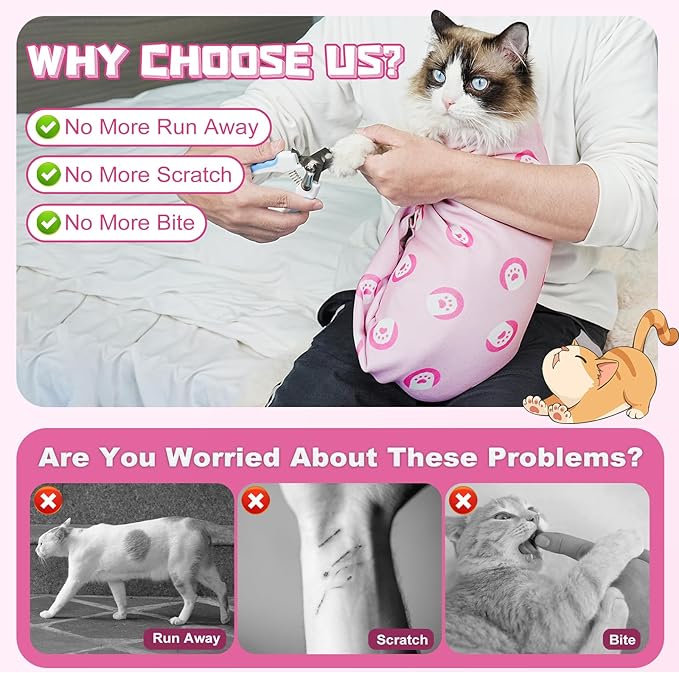 Supet Cat Wrap for Cutting Nails, Self-Adhesive Grooming Wrap, Anti-Scratch Cat Swaddle for Grooming, Ideal for Medicine, Nail Clipping, Teeth Brushing, Ear Cleaning