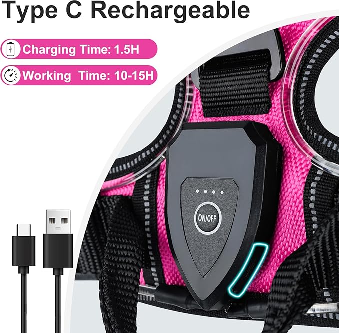 Taglory Light Up Dog Harness, Rechargeable No Pull Dog Vest with 3 Lightning Modes, Reflective Dog Harness with 2 Leash Clips & 4 Adjustable Slide Strips for Medium Dogs, Hotpink-Hotpink, M