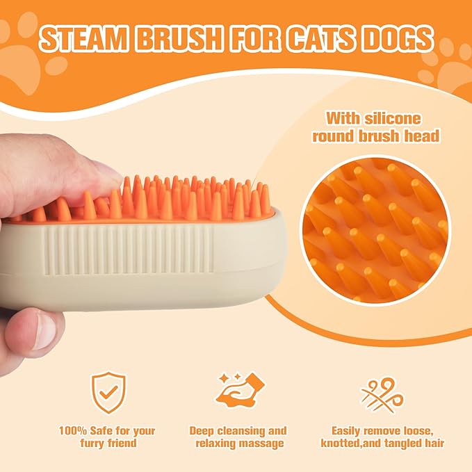 Steam Brush for Cats Dogs,Cat Steam Brushes for indoor Cats,3 in 1 Steam Cat Brush for Shedding,Silicone Pet Spray Hair Removal Comb for Massage,Combing,Rechargeable Dog Brushes for GroomingYellow