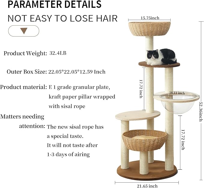 Modern Cat Tree Tower for Large Cats, Real Natural Sisal Luxury Cat Condo, Manual Hand Woven Wood Cat Tower, Indoor Cat Scratching Tree, New Cat Condo Lover Gift