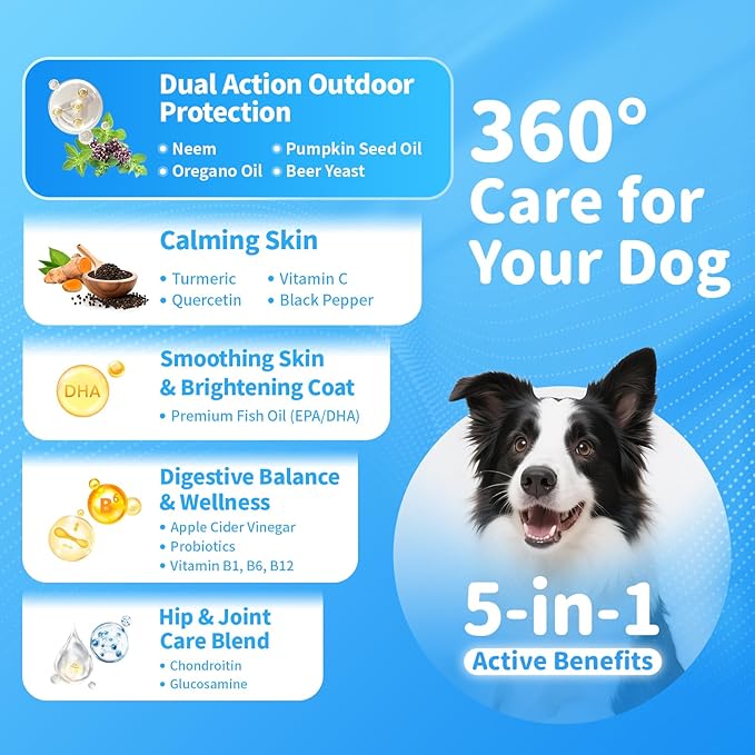 Dog Flea and Tick Support Chewable, Natural Dog Flea Comfort Supplement, Oral Chews with Neem, Oregano Oil, Pumpkin Seed Oil & Brewer's Yeast – 135 Soft Chews, Chicken Flavor – for All Breeds & Sizes