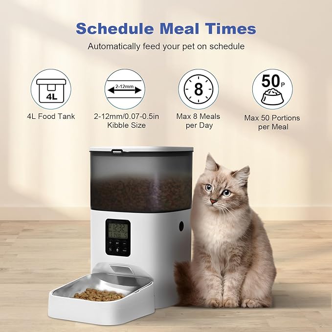 Automatic Cat Feeder, 4L Cat Food Dispenser with 10s Voice Recorder, Pet Feeder up to 8 Meals per Day, Timed Cat Feeder with Dry Food Sealed Ring (Jade White, 4L)