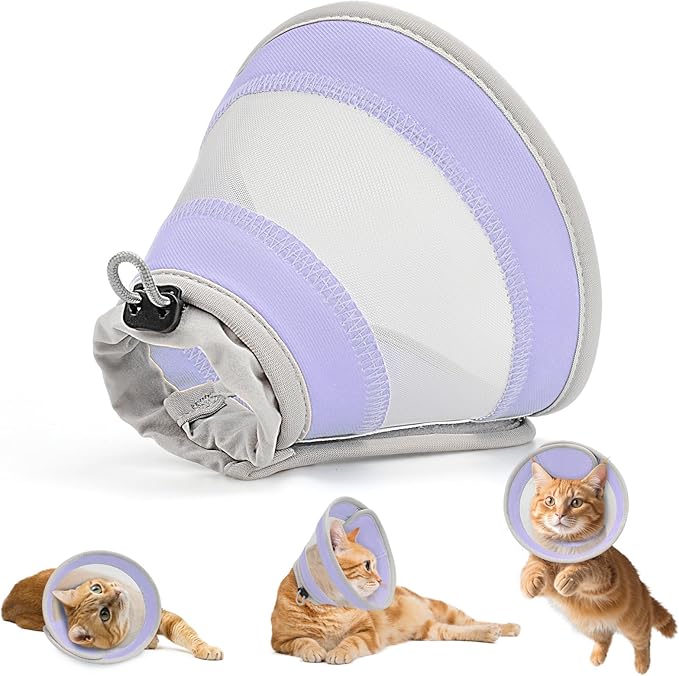 Breathable Air Mesh Cat Cone Collar Soft to Stop Licking, Adjustable, Foldable Lightweight Kitten Cones After Surgery Recovery for Cats & Kittens (Light Purple, S)