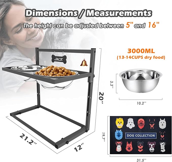 SHAINFUN Elevated Dog Bowls for Large Dogs and Extra Large Sized Dog Raised Dog Bowl Stand Adjustable Height with Two 3000ML(13-14cups) Stainless Steel Dog Food Bowls Metal Elevated Dog Bowl Stand