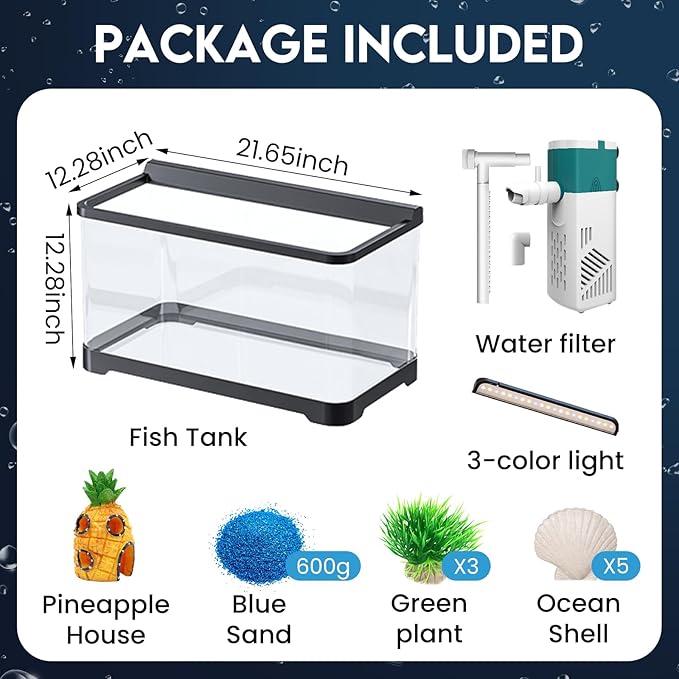 LED Aquarium Fish Tank Kit,（Light + Filter + Green Plants + Blue Sand + Pineapple Houses + Shells） Black, 14 Gallon